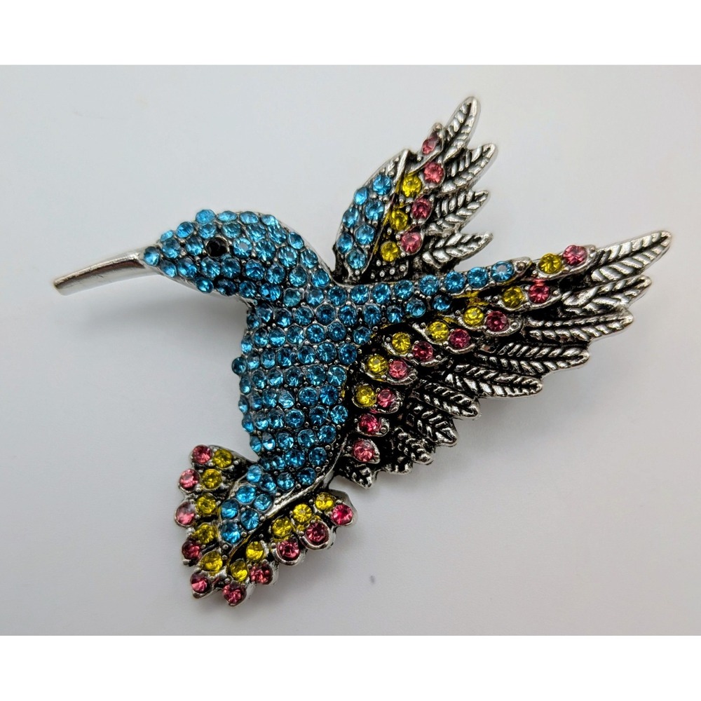 Vibrant Rhinestone Hummingbird Brooch Pin Silver Tone Blue Pink Yellow Bird
